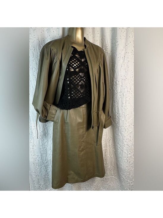 Vintage Jackets & Blazers - Vintage 80s Leather Jacket & Skirt Set Olive Taupe J. Porte Spain
